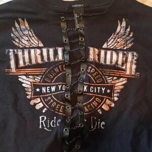 Y2K Lace Up Small Graphic Cropped Tee Thrill Rider Wings Grunge Biker Moto Goth